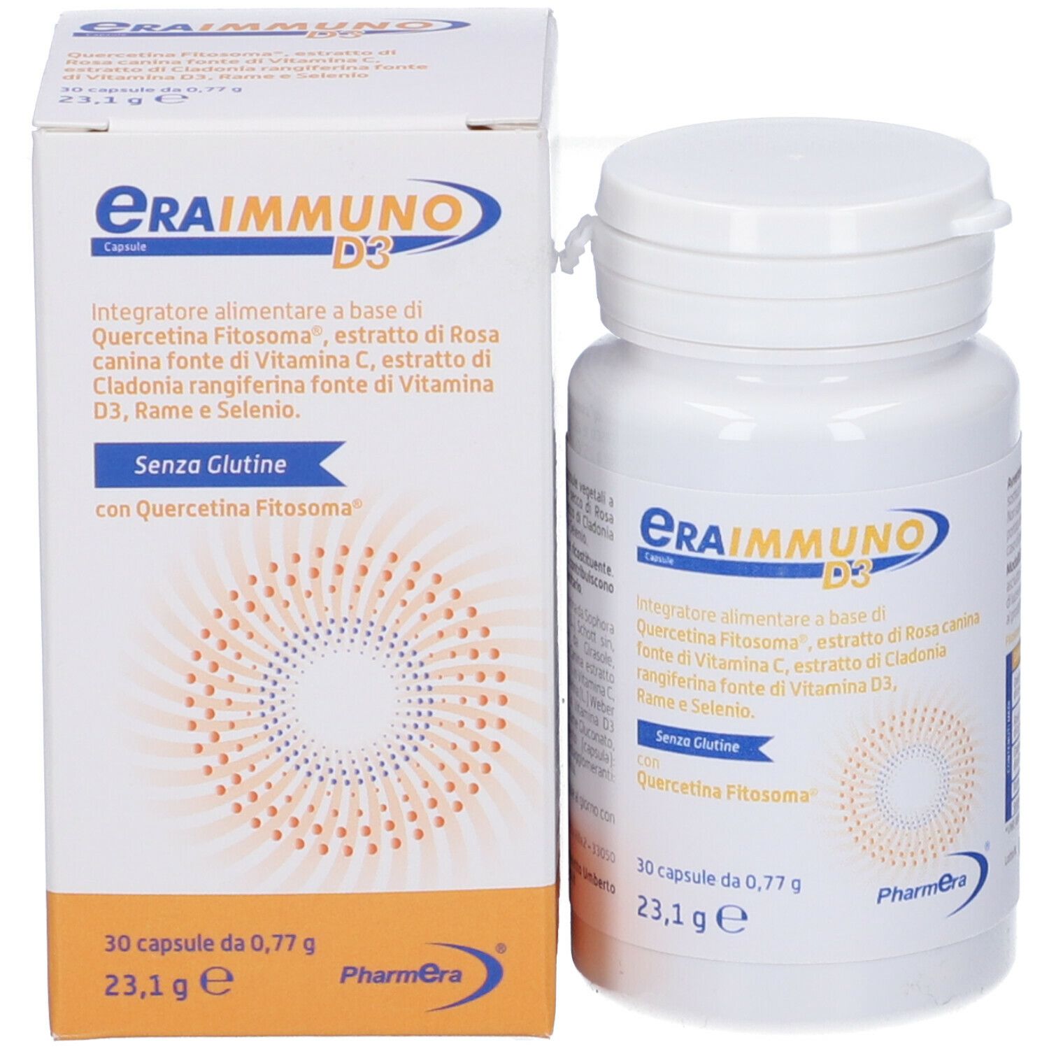 Flacone e scatola Eraimmuno D3. Contiene Quercetina, Vitamina C, Vitamina D3 e Selenio. 30 capsule. Senza glutine.