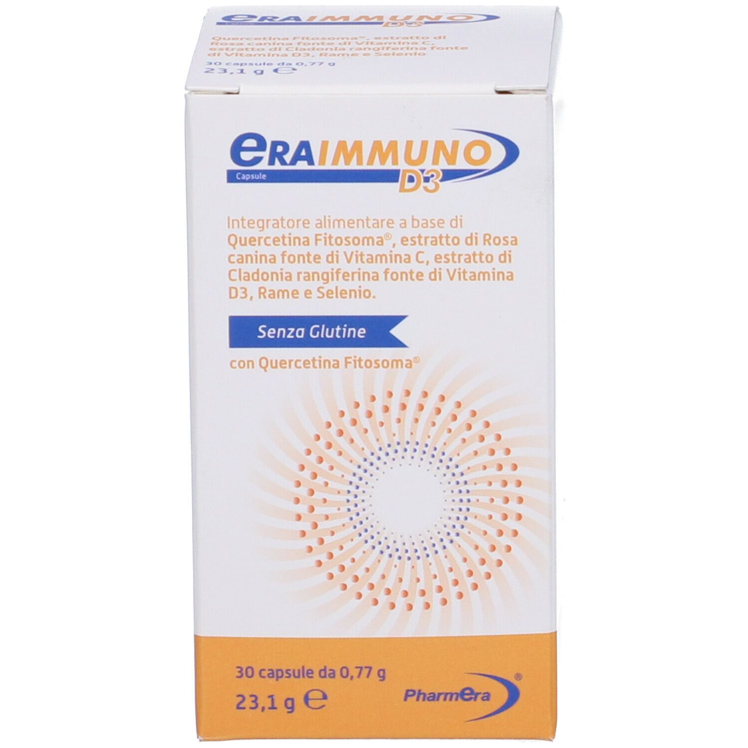 Scatola Eraimmuno D3. Contiene Quercetina, Vitamina C, Vitamina D3 e Selenio. 30 capsule. Senza glutine.