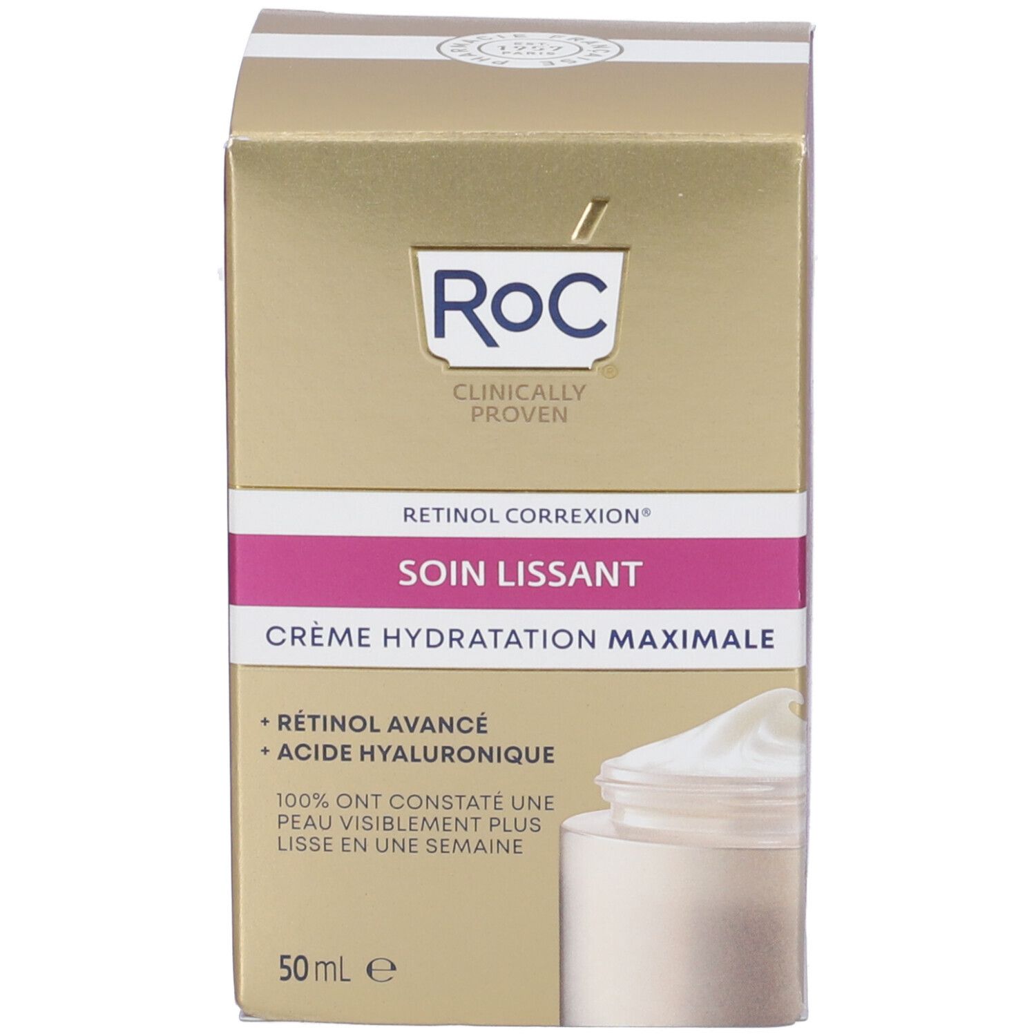 Confezione in cartone con scritta: Retinol Correxion, Crema Idratazione Massima, 50 ml. Marchio: RoC.