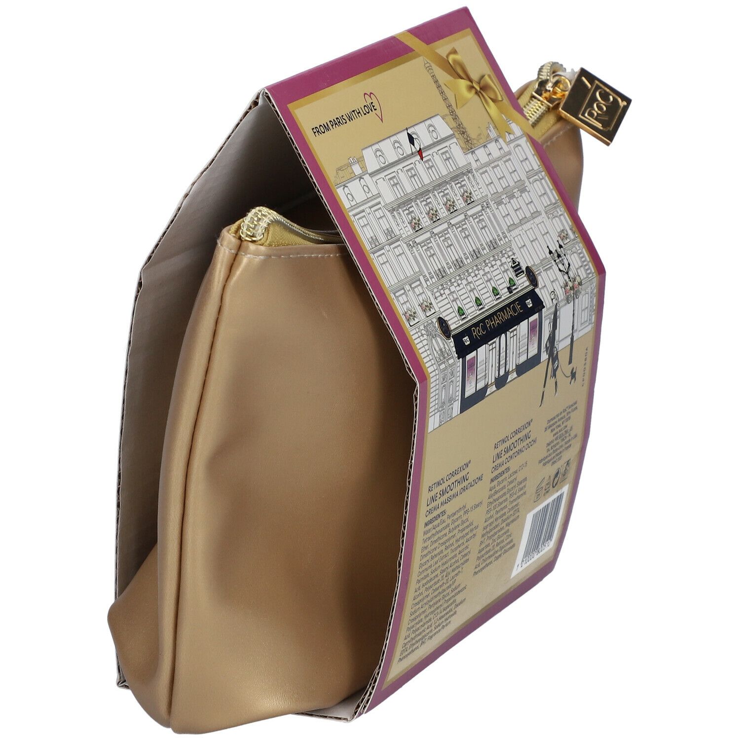 Pochette cosmetica dorata con cerniera. Scatola stampata con testo e logo. Logo "ROC" visibile.