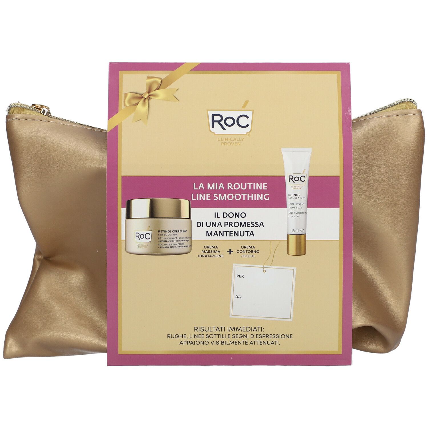 Pochette cosmetica dorata con cerniera. Scatola con crema e crema contorno occhi. Logo "ROC" e nomi dei prodotti visibili.