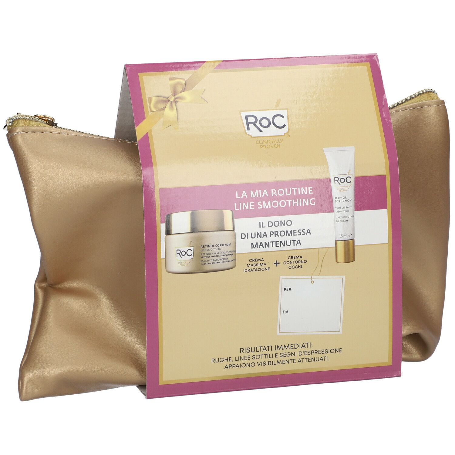Pochette cosmetica dorata con cerniera. Scatola con crema e crema contorno occhi. Logo "ROC" e nomi dei prodotti visibili.