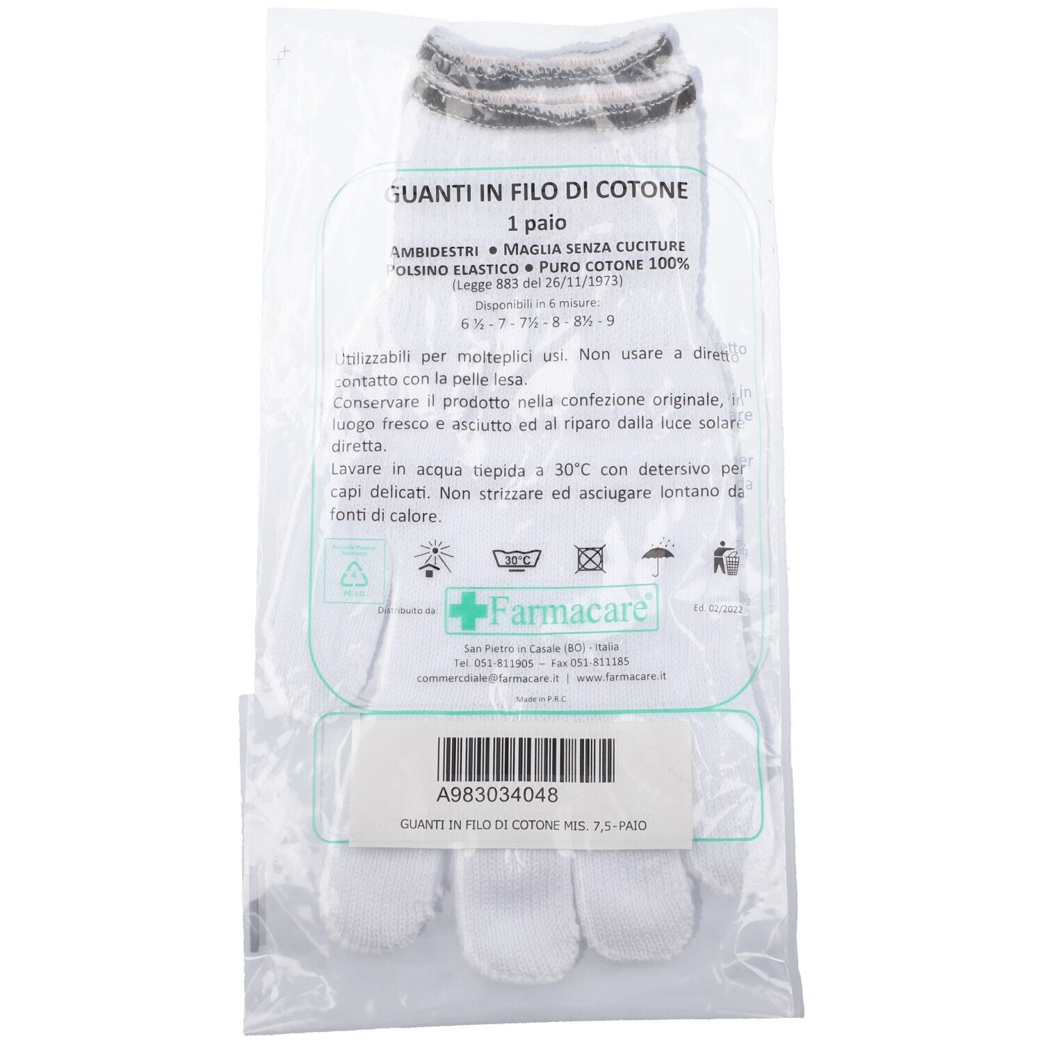 Guanti Filo Cotone Non Sterile 7,5 1 Paio