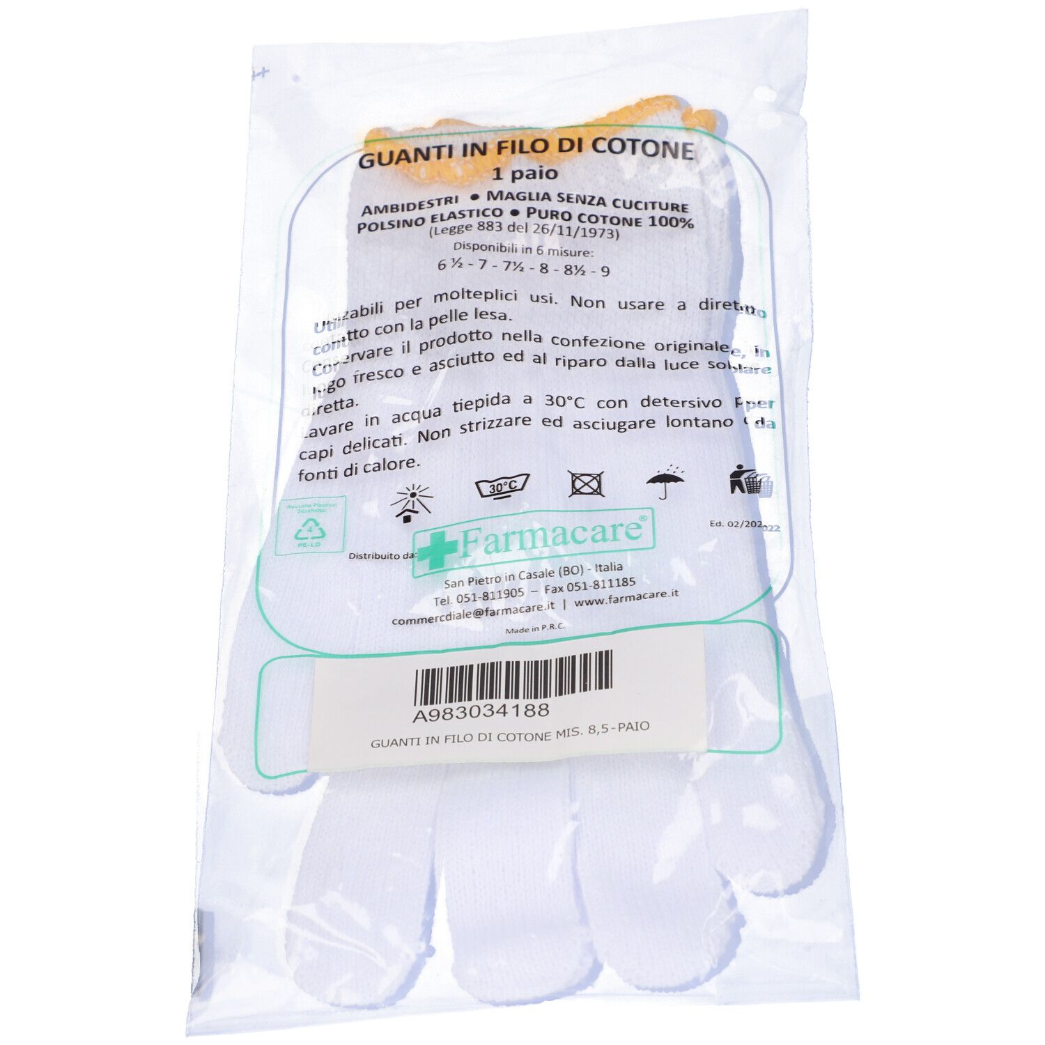 Confezione di un paio di guanti in cotone. Testo: Guanti in Filo Cotone. Marchio: Farmacare. Taglie: 6-7-7,5-8-8,5-9.