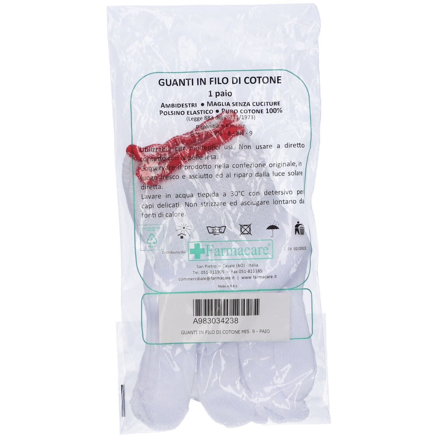 Confezione di guanti in cotone bianco. Testo: Guanti in Filo Cotone, 1 paio, misura 9. Marchio: Farmacare.