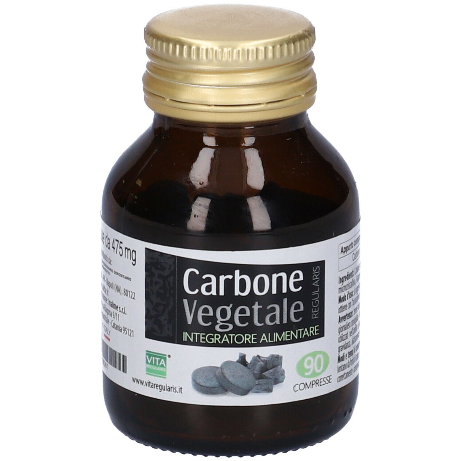 Flacone di vetro marrone con tappo dorato. Scritta: Carbone Vegetale, 90 compresse. Immagine di compresse.
