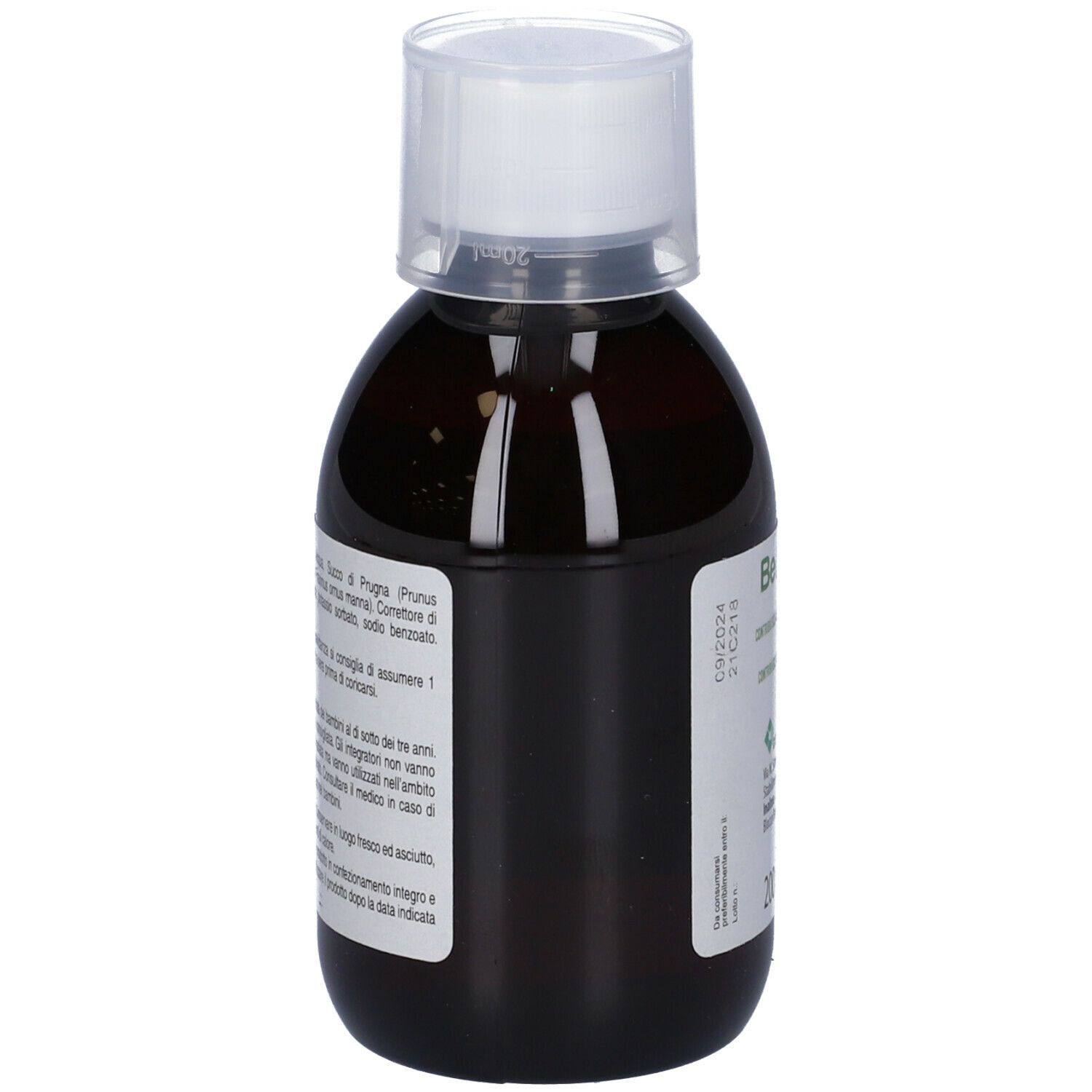 Bottiglia marrone con tappo bianco, vista laterale. Etichetta con informazioni prodotto. Scritta: Bevilax Mamma.