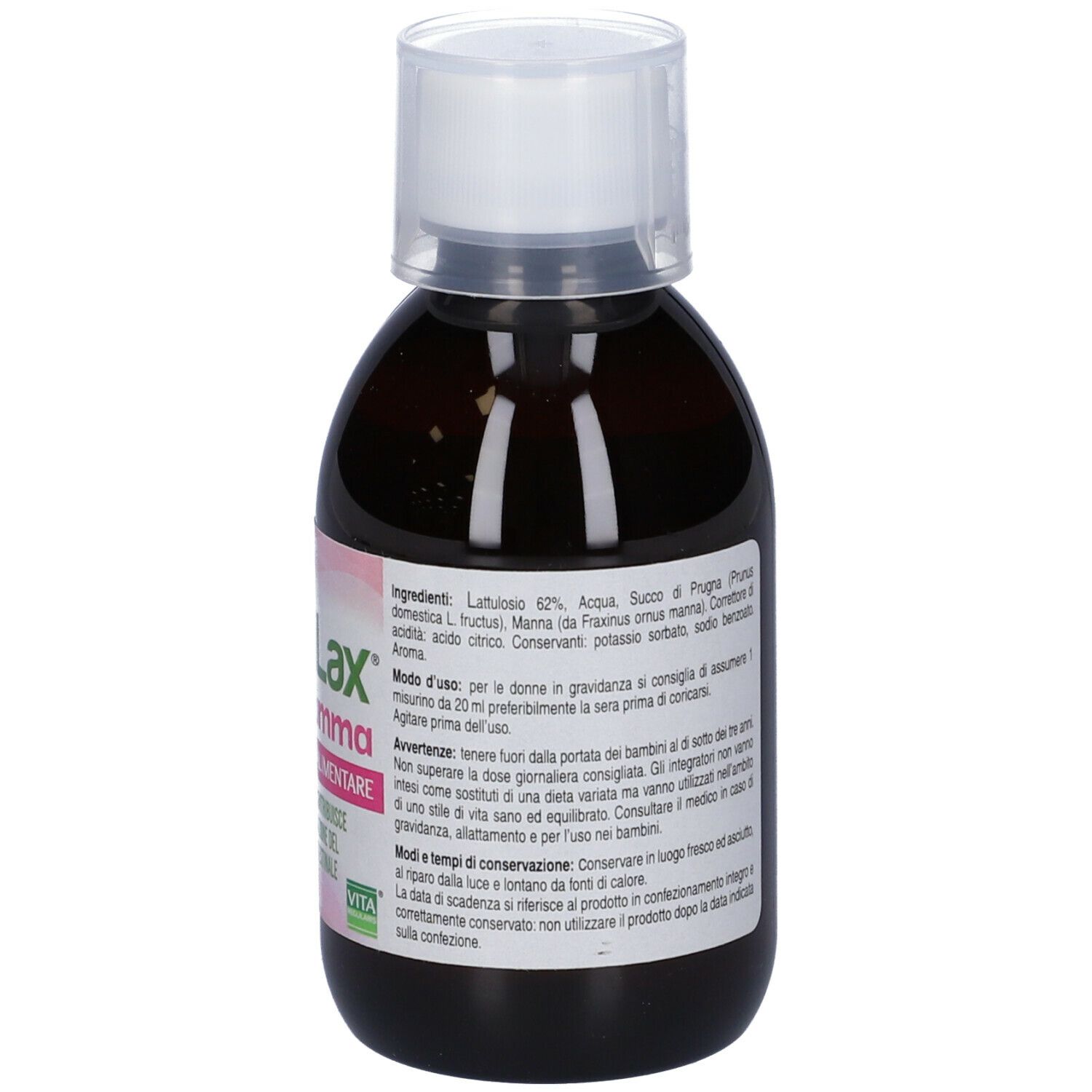 Bottiglia marrone con tappo bianco. Etichetta con ingredienti e istruzioni per l'uso. Scritta: Bevilax Mamma.