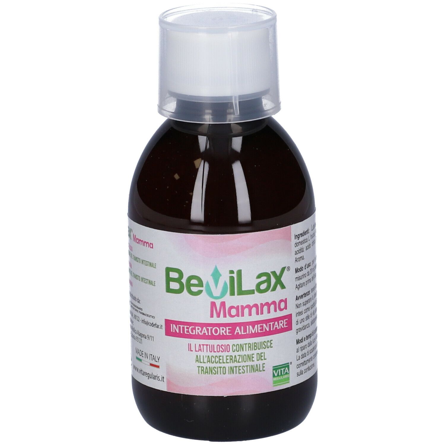 Bottiglia marrone con tappo bianco. Etichetta con informazioni prodotto. Scritta: Bevilax Mamma. Integratore Alimentare.