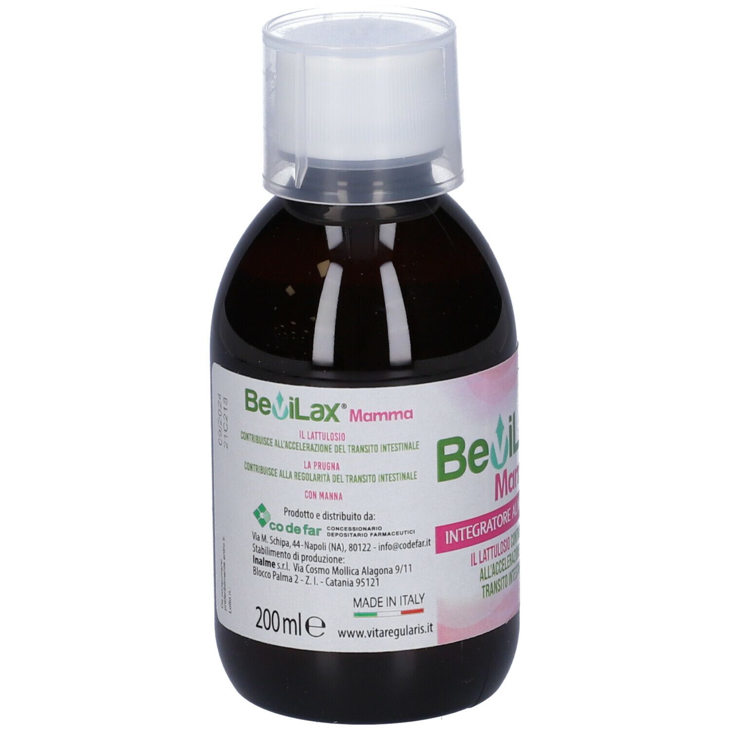 Bottiglia marrone con tappo bianco. Etichetta con informazioni prodotto. Scritta: Bevilax Mamma. Indicazione: 200ml.