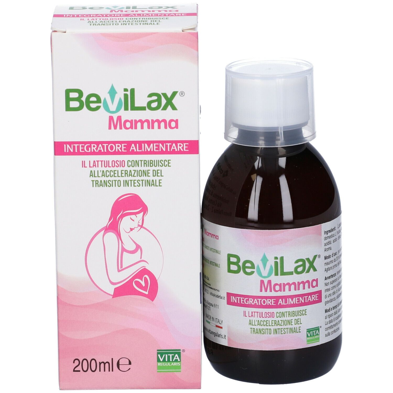 Confezione e bottiglia del prodotto. Scritta: Bevilax Mamma. Confezione con immagine di donna incinta. Indicazione: 200ml.