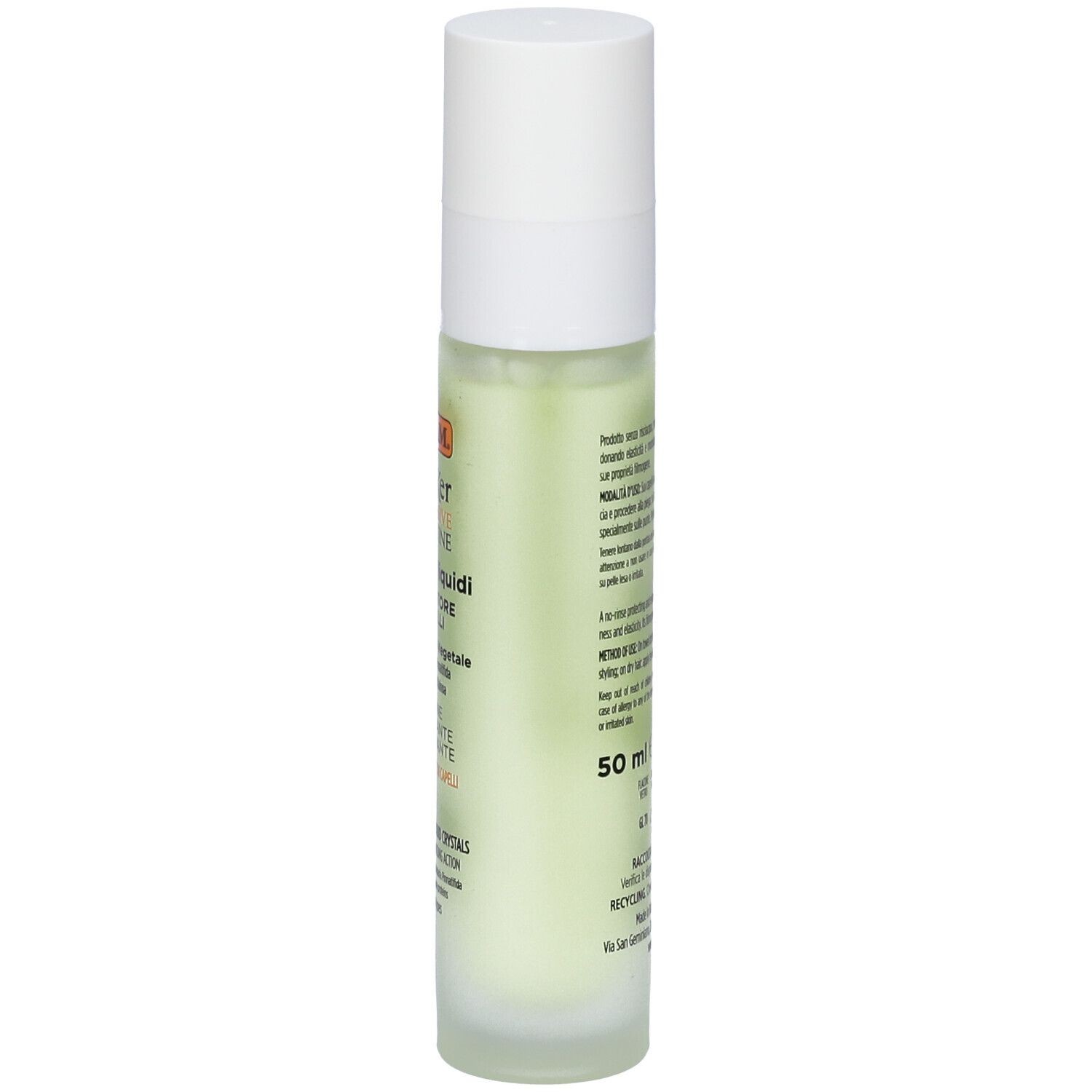 Retro del flacone. Testo in italiano. 50 ml. Simboli di riciclaggio. Flacone con liquido verdognolo.