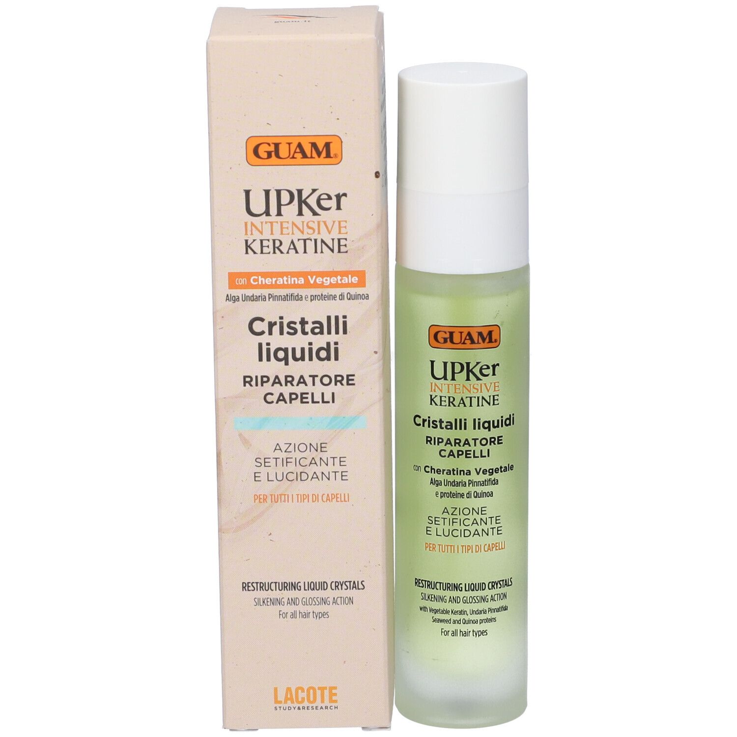 Confezione e flacone. Scritte: GUAM UPKer Intensive Keratine, Cristalli liquidi, Reparatore Capelli. Con logo Lacote.