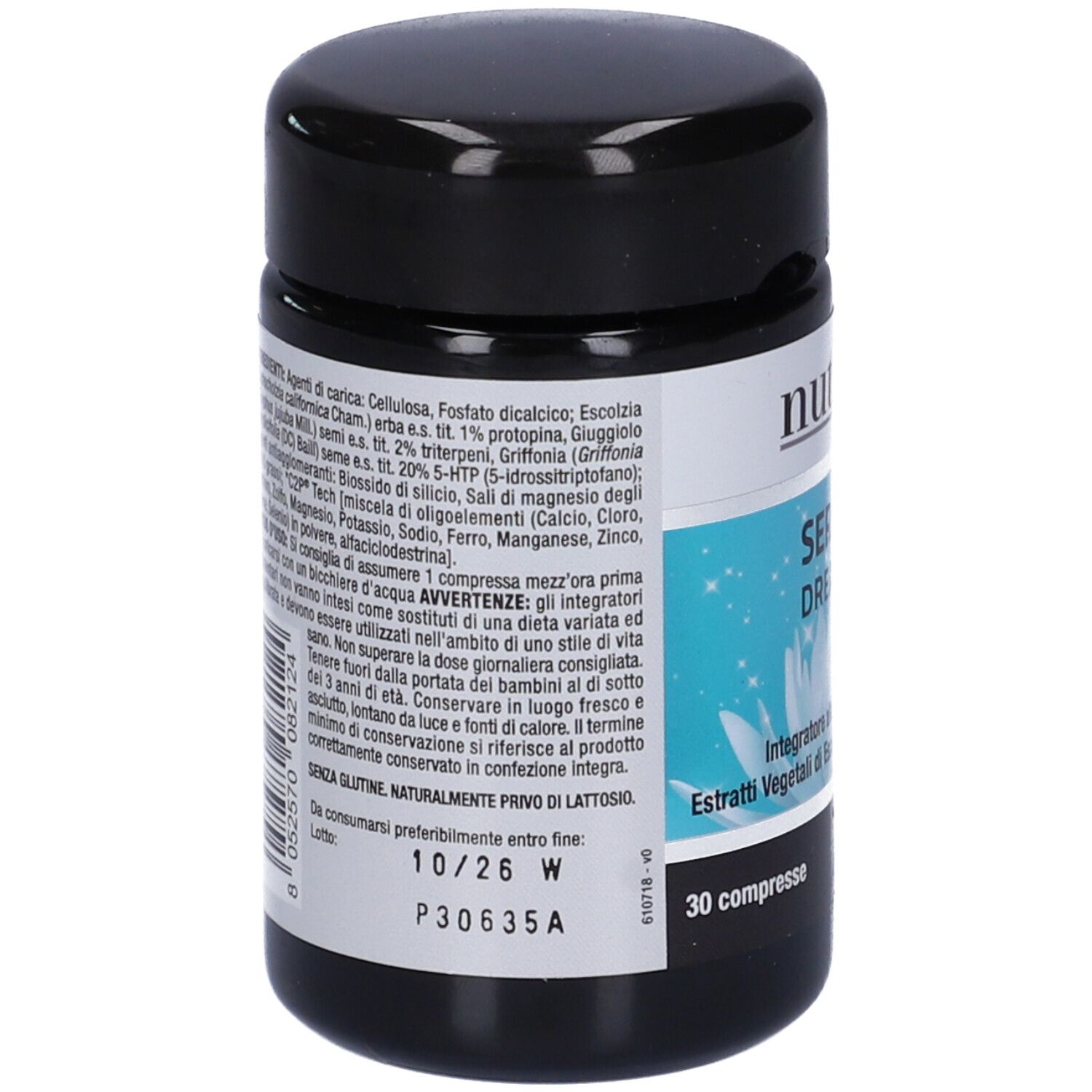 Barattolo nero rotondo con etichetta bianca. Testo: ingredienti, avvertenze, data di scadenza. 30 compresse. Senza glutine.