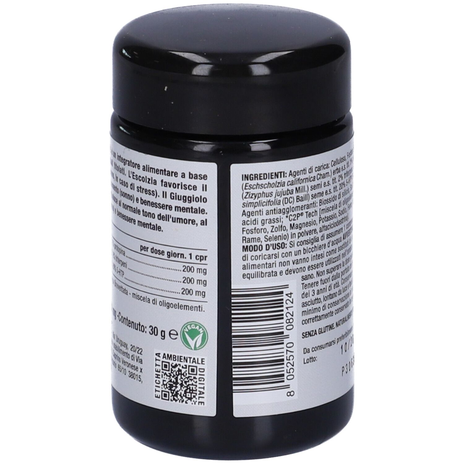 Barattolo nero rotondo con etichetta bianca. Testo: ingredienti, dosaggio. 30 g. Eco-label.