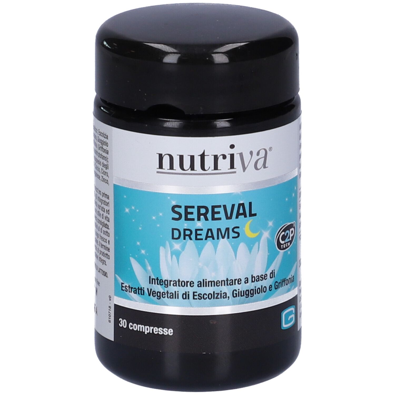 Barattolo nero rotondo con etichetta blu e bianca. Scritto: Nutriva Sereval Dreams. 30 compresse. C2P Tech.