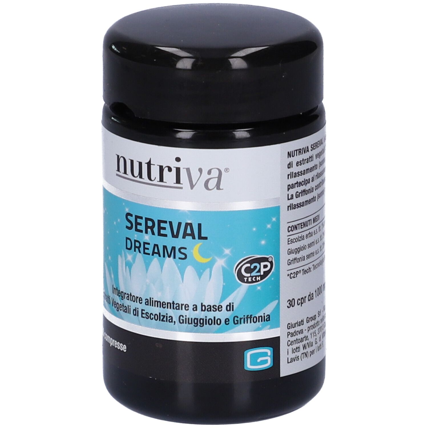 Barattolo nero rotondo con etichetta blu e bianca. Scritto: Nutriva Sereval Dreams. 30 compresse. C2P Tech.