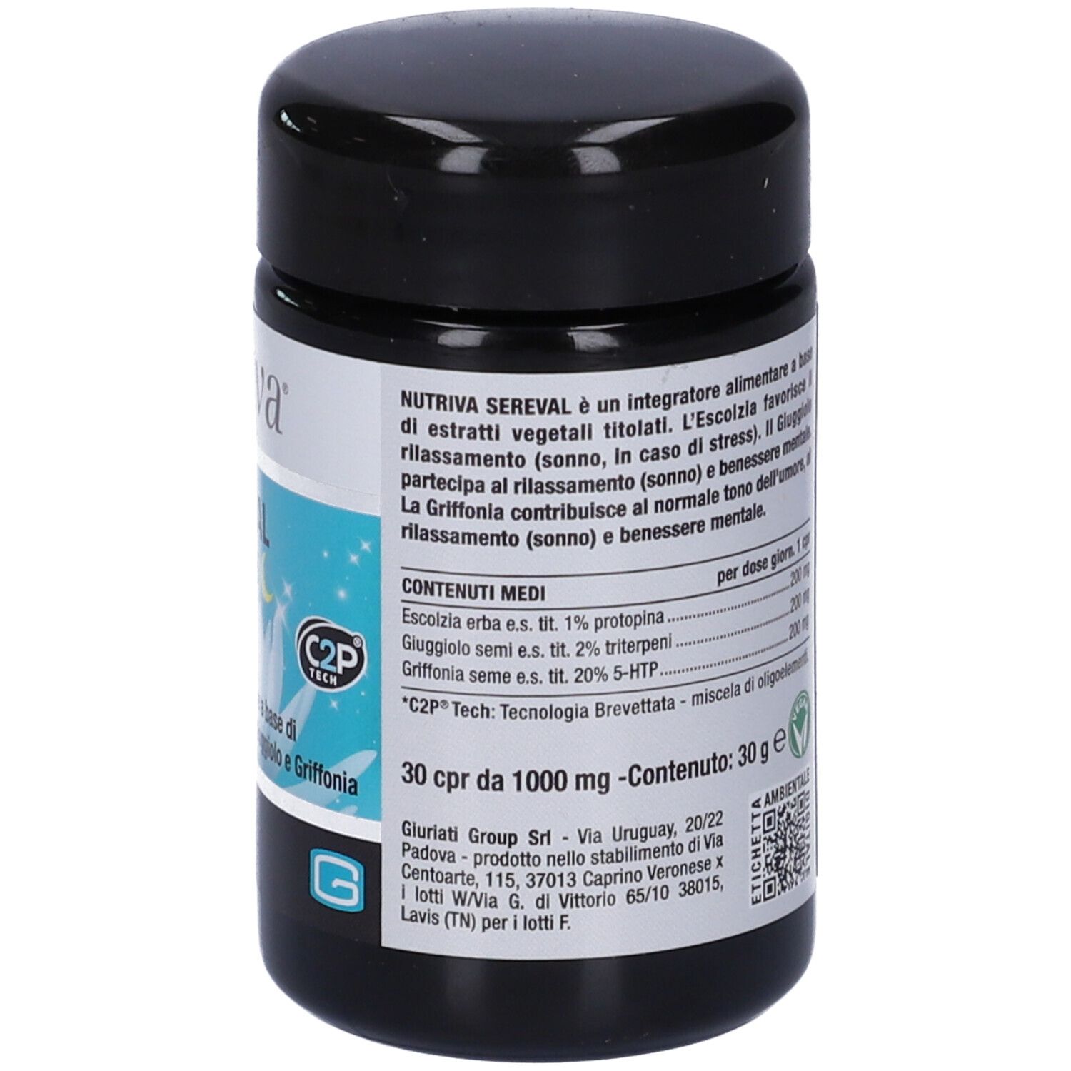 Barattolo nero rotondo con etichetta blu e bianca. Testo: ingredienti, dosaggio. 30 compresse. C2P Tech.