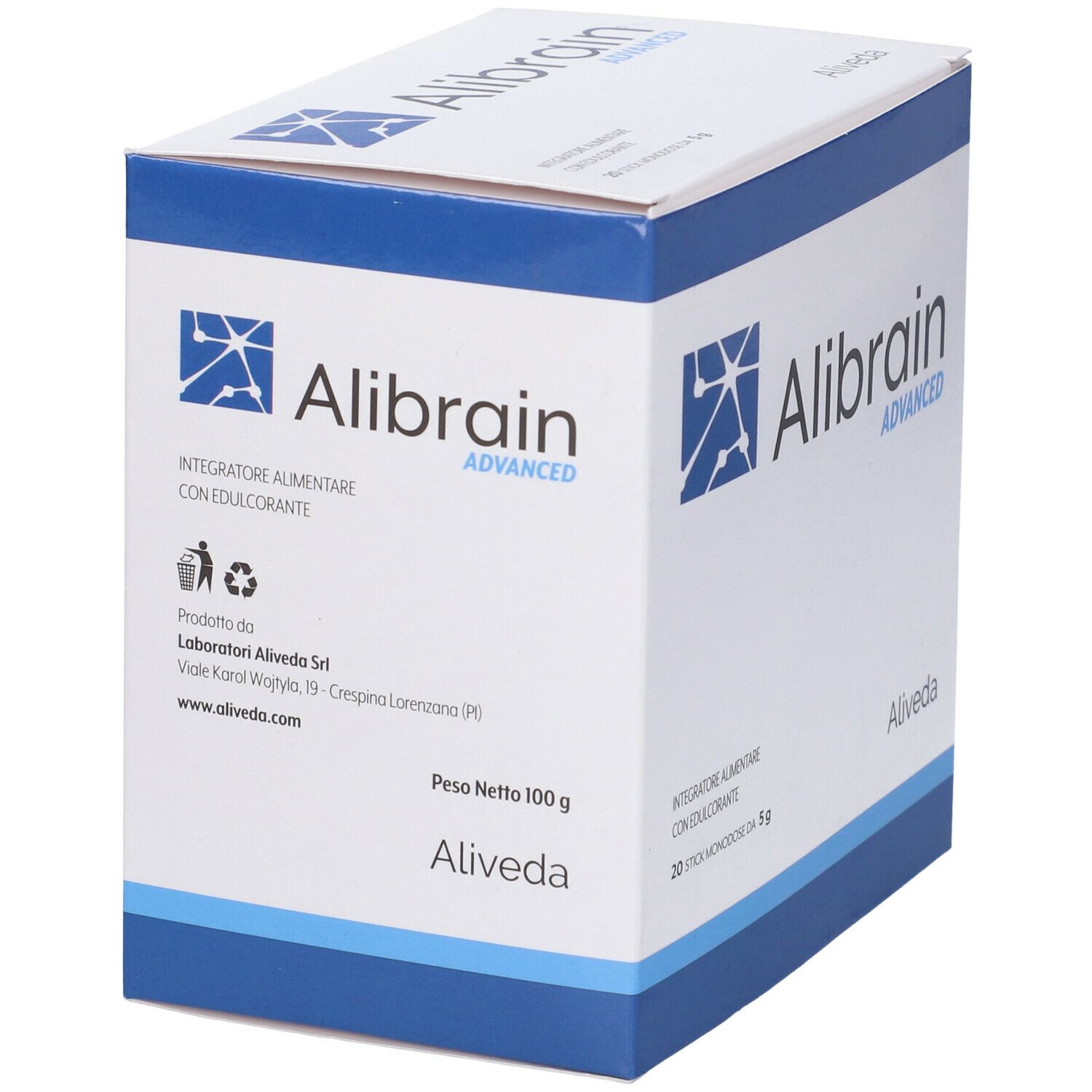 Scatola Alibrain Advanced. Confezione bianca e blu con logo e nome del prodotto. Contiene 20 stick. Peso netto 100 g.