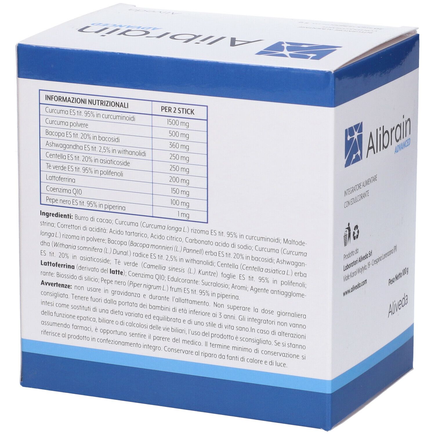 Scatola Alibrain Advanced. Retro con informazioni nutrizionali. Contiene ingredienti e informazioni per 2 stick.