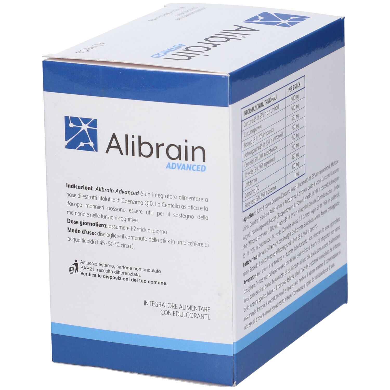 Scatola Alibrain Advanced. Lato con istruzioni e dosaggio. Contiene informazioni sull'uso.