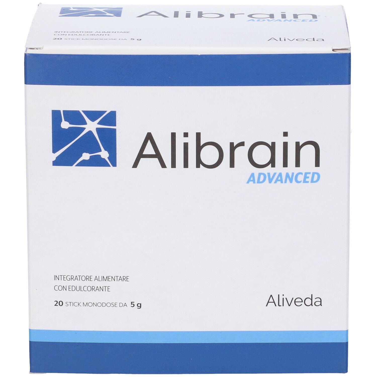 Scatola Alibrain Advanced. Confezione bianca e blu con logo e nome del prodotto. Contiene 20 stick.