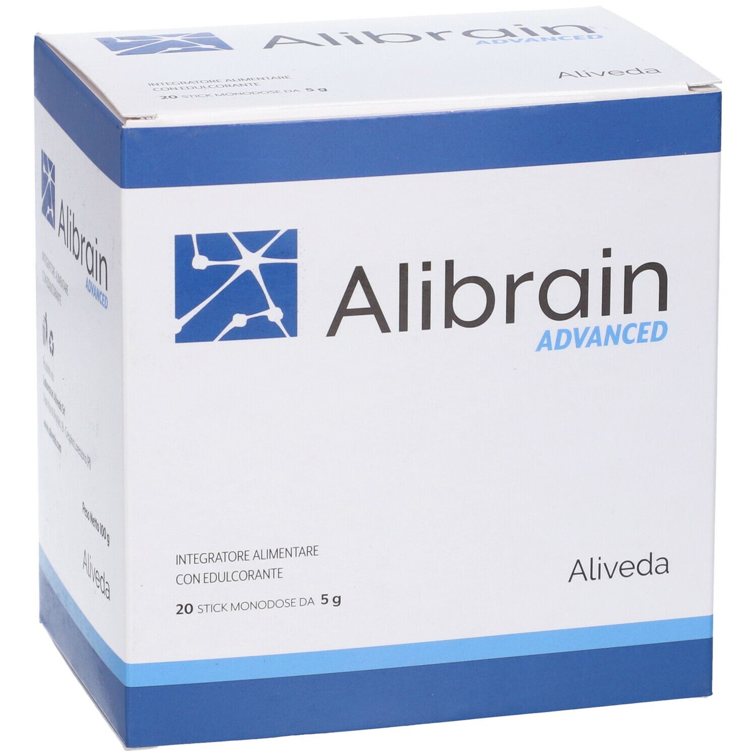 Scatola Alibrain Advanced. Confezione bianca e blu con logo e nome del prodotto. Contiene 20 stick.
