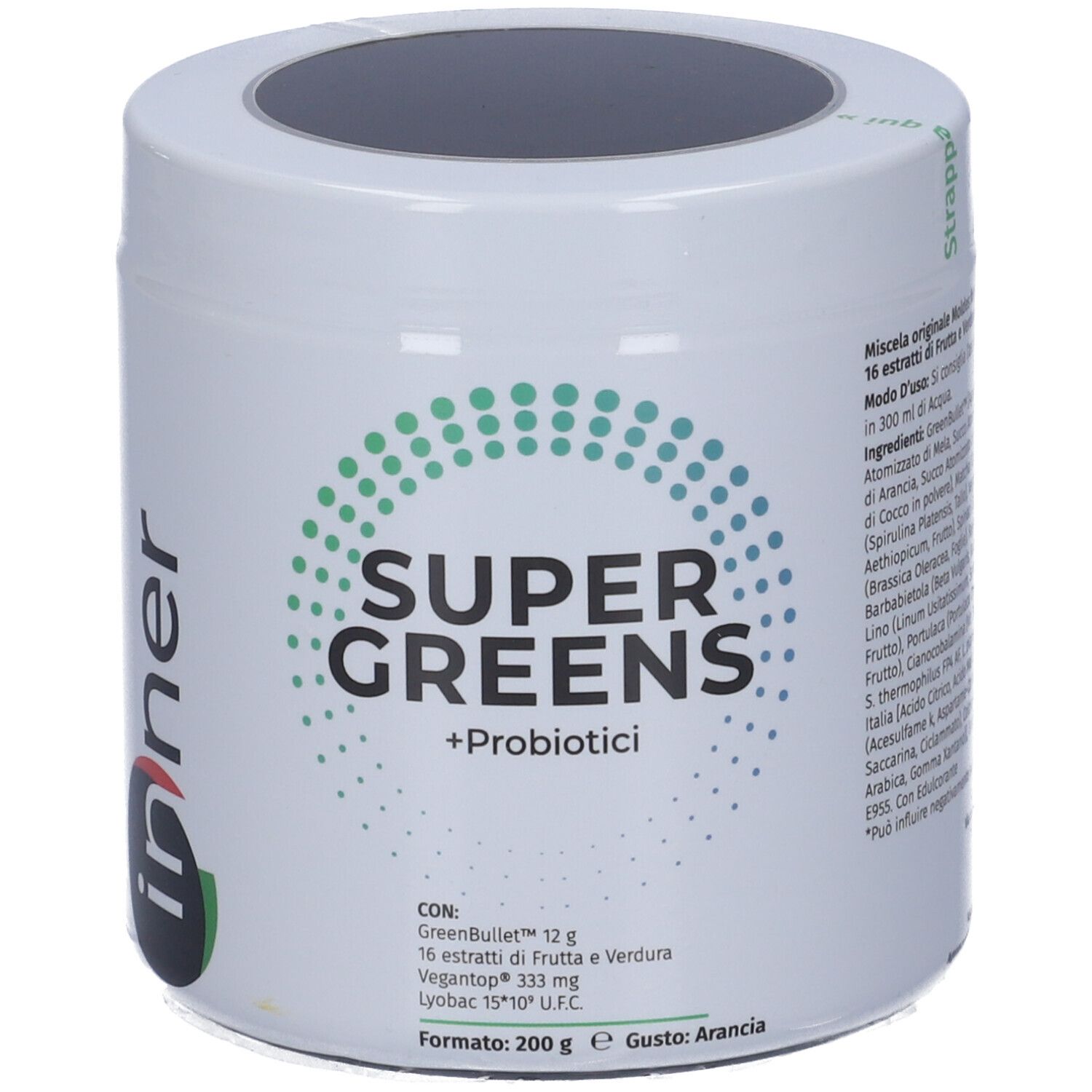 Prodotto cilindrico bianco. Scritta: Super Greens + Probiotici. Marchio: Inner. Punti verde-blu.