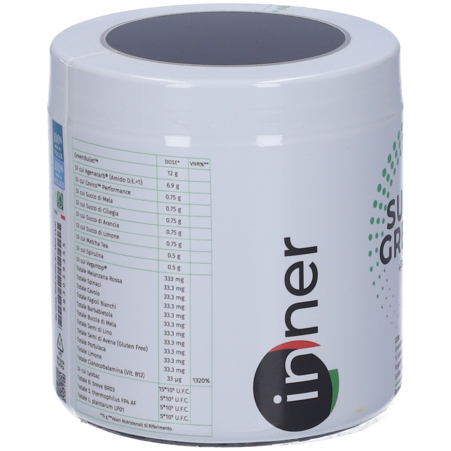 Prodotto cilindrico bianco. Scritta: Super Greens + Probiotici. Marchio: Inner. Punti verde-blu.