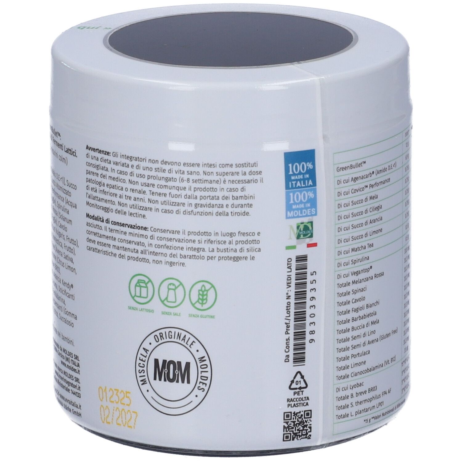 Prodotto cilindrico bianco. Scritta: Super Greens + Probiotici. Marchio: Inner. Punti verde-blu.