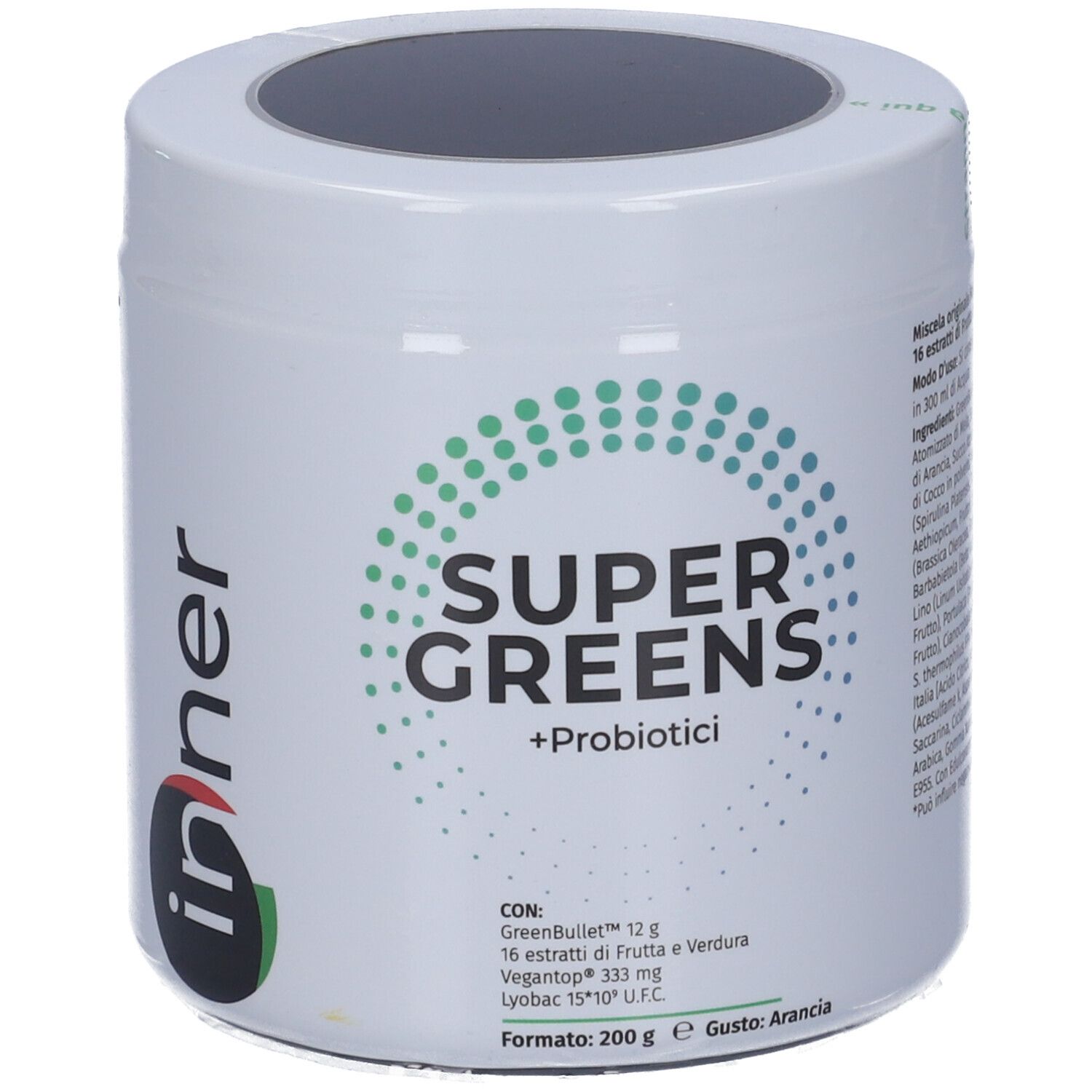 Prodotto cilindrico bianco. Scritta: Super Greens + Probiotici. Marchio: Inner. Punti verde-blu.