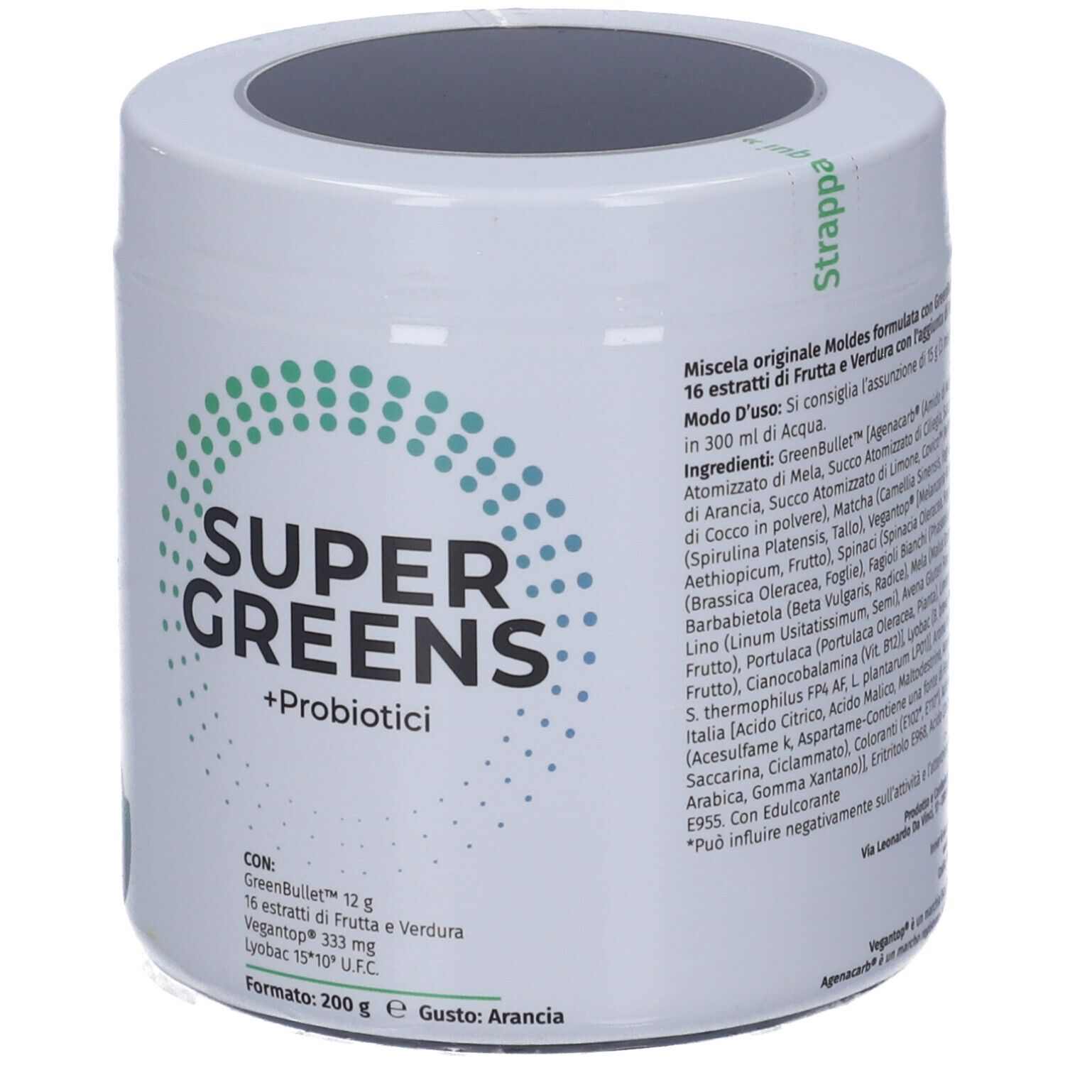 Prodotto cilindrico bianco. Scritta: Super Greens + Probiotici. Marchio: Inner. Punti verde-blu.