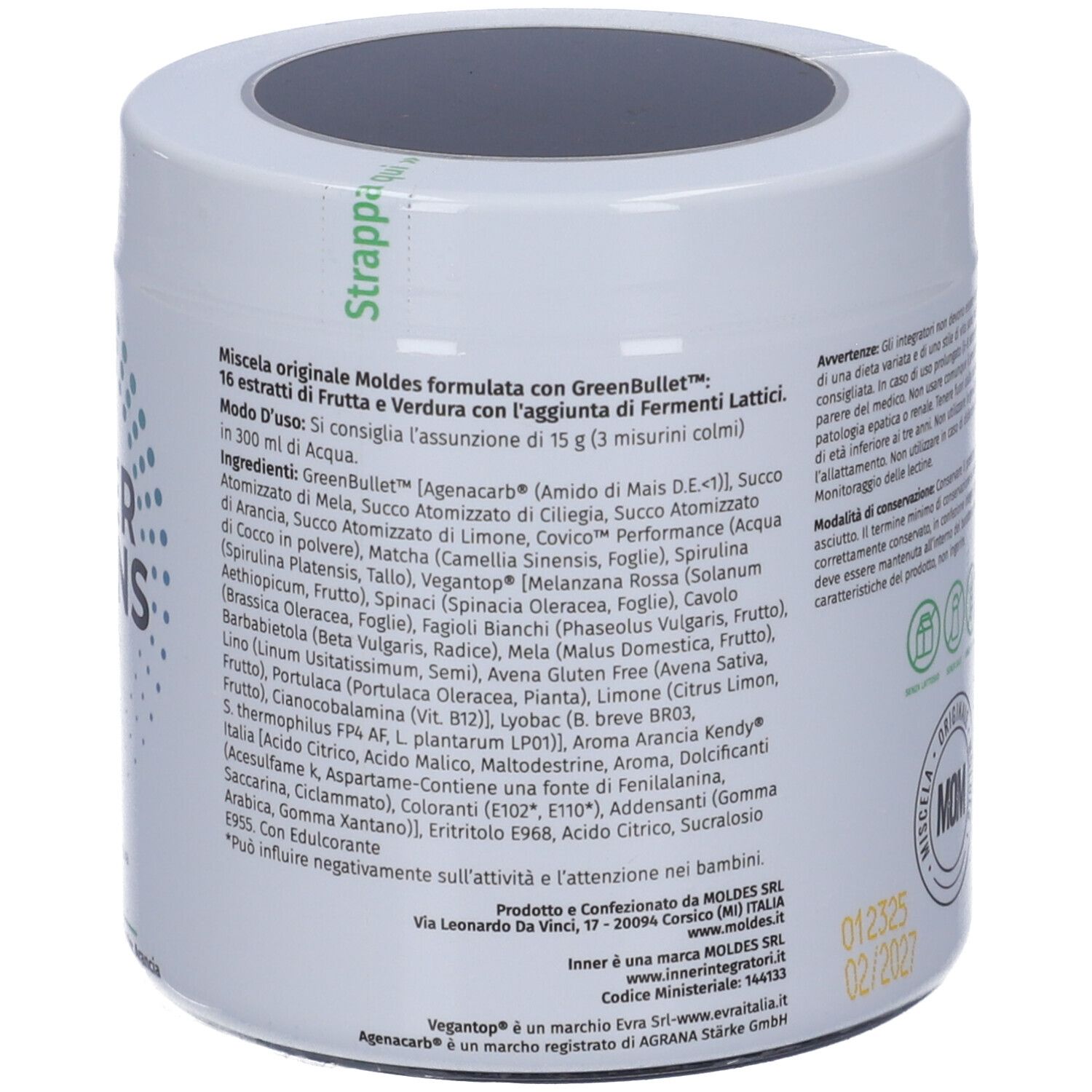 Prodotto cilindrico bianco. Scritta: Super Greens + Probiotici. Marchio: Inner. Punti verde-blu.