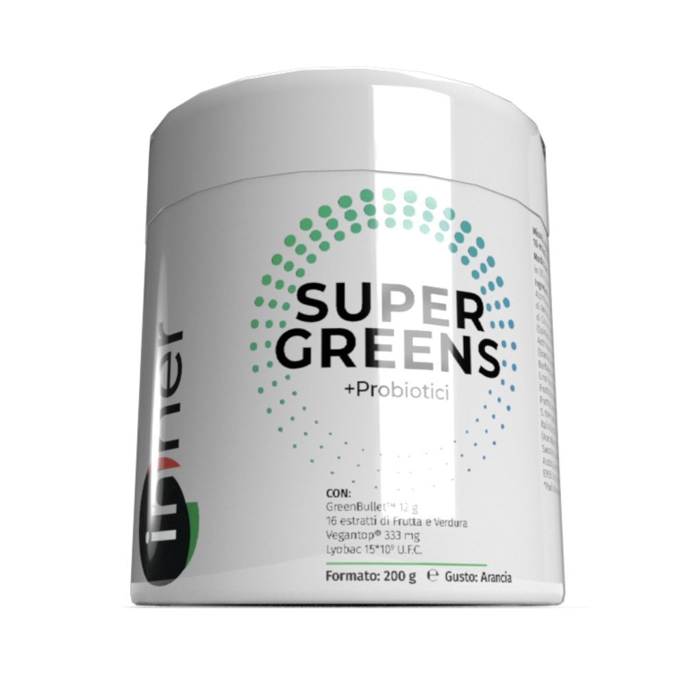 Prodotto cilindrico bianco. Scritta: Super Greens + Probiotici. Marchio: Inner. Punti verde-blu.