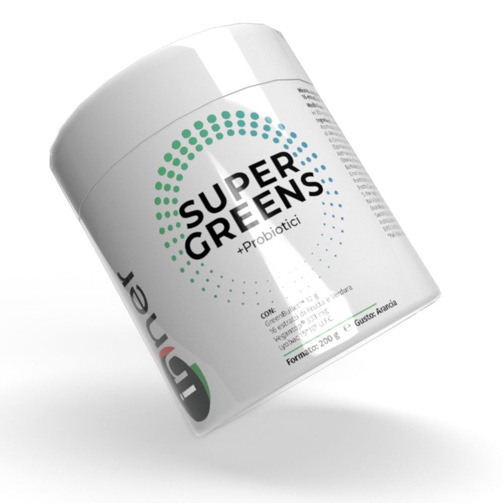 Prodotto cilindrico bianco. Scritta: Super Greens + Probiotici. Marchio: Inner. Punti verde-blu.