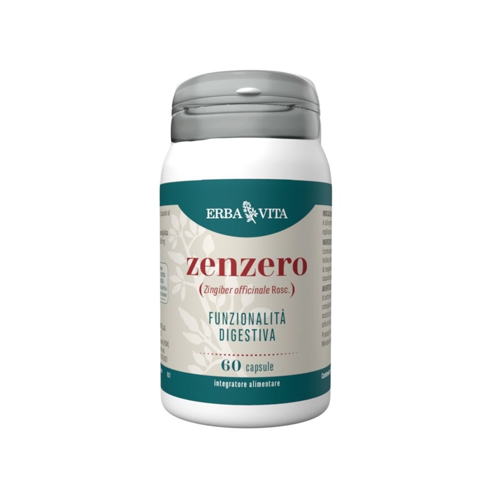 Flacone bianco e blu con tappo grigio. Scritta: Erba Vita, Zenzero, 60 capsule. Funzionalità digestiva.