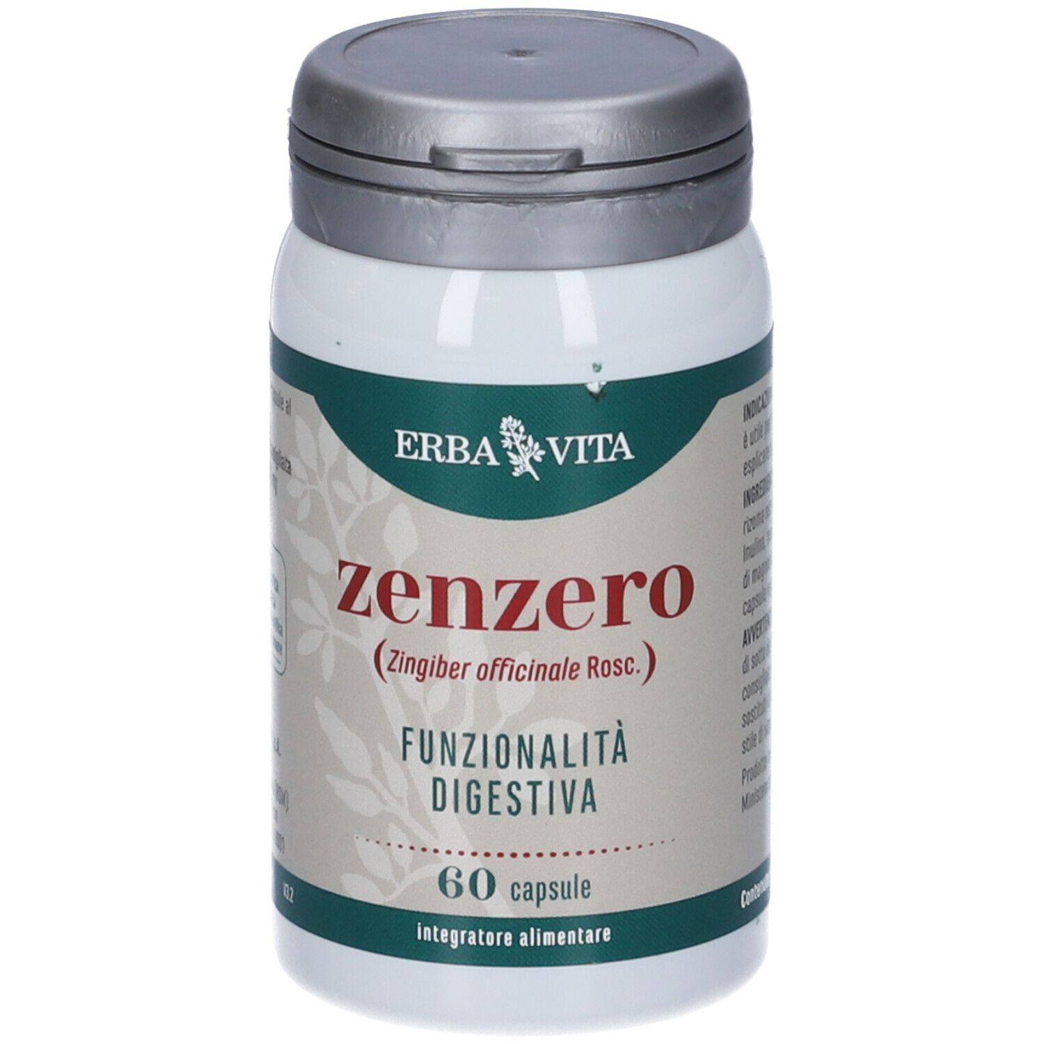 Flacone bianco, tappo grigio. Scritta: Erba Vita, Zenzero, Funzionalità Digestiva, 60 capsule.