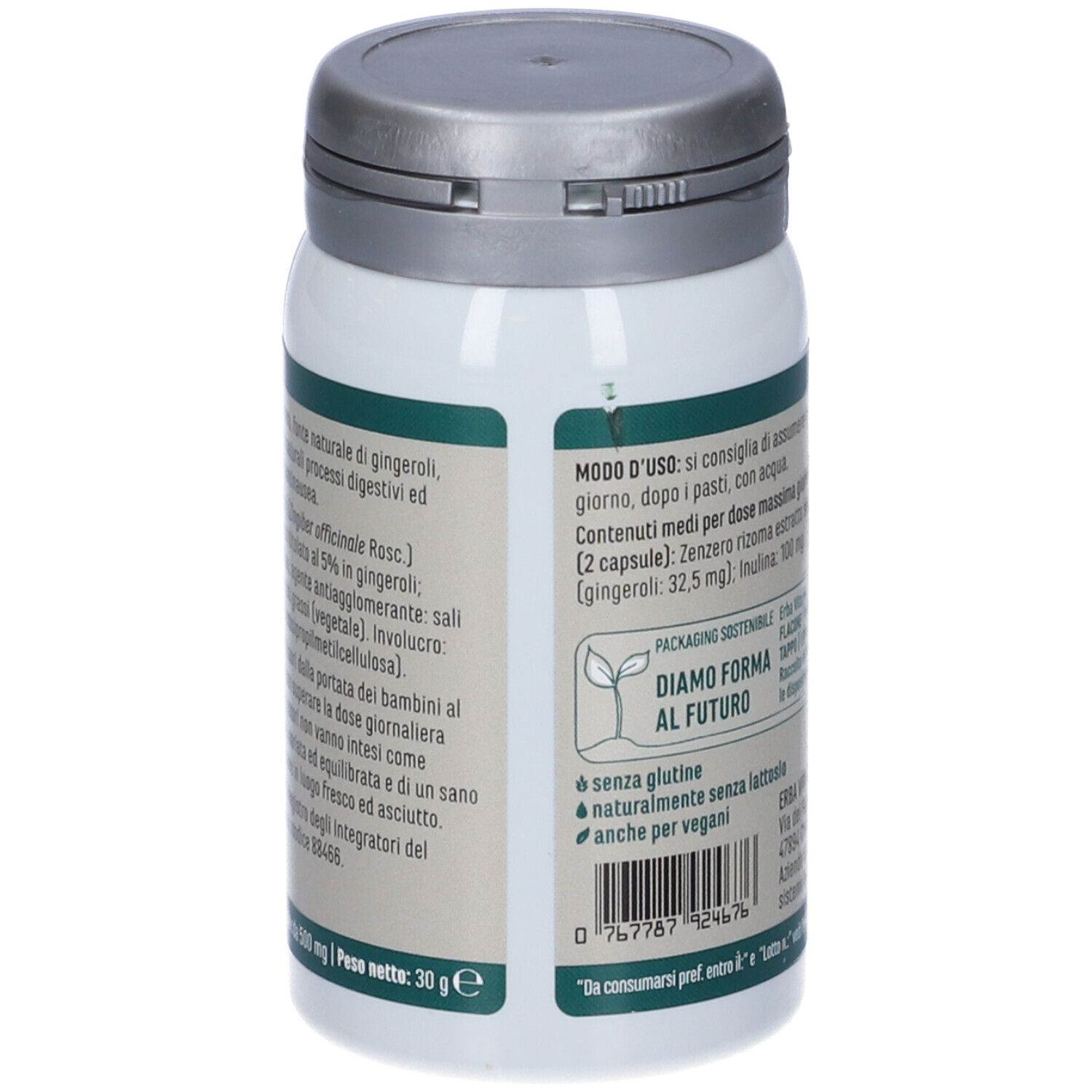 Retro del flacone bianco. Testo: ingredienti, modo d'uso, logo, peso 30 g.