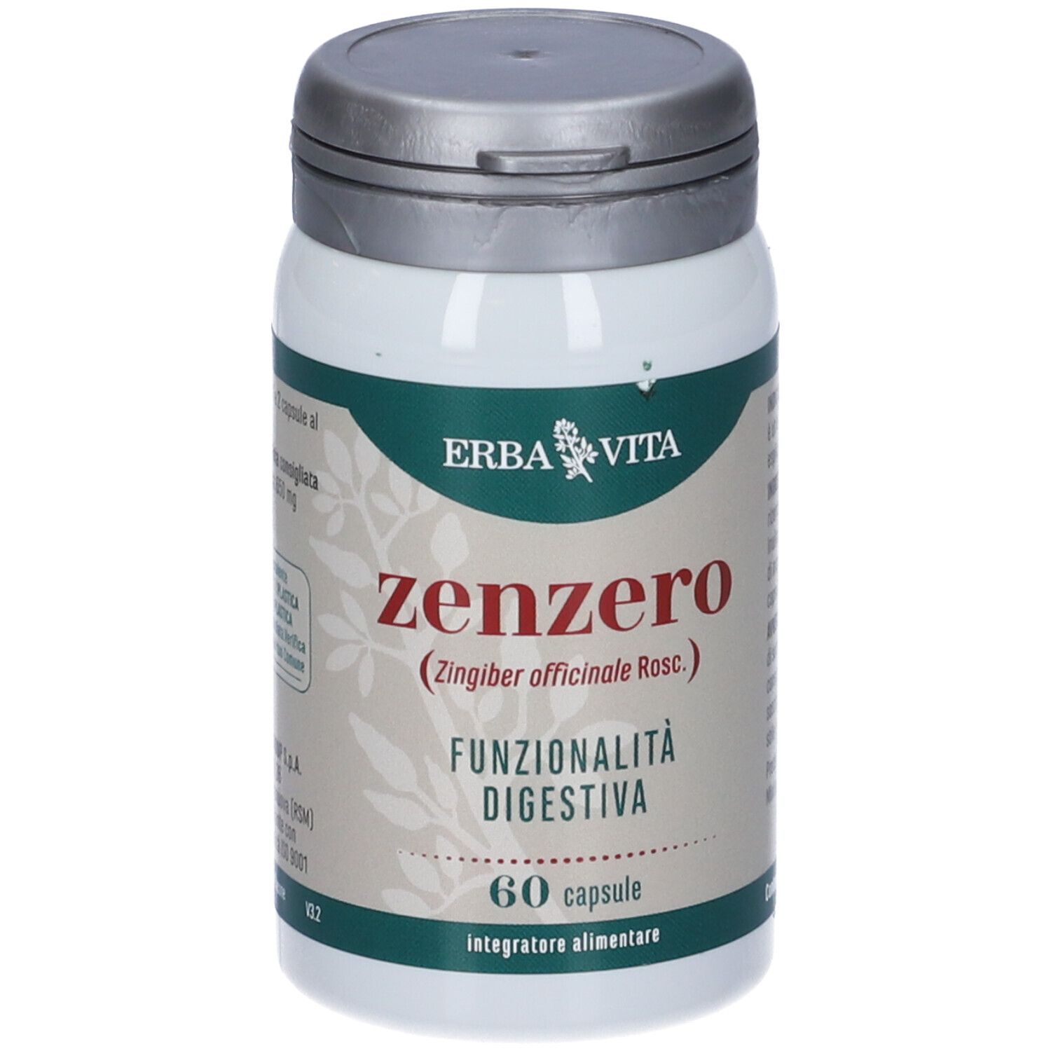 Flacone bianco, tappo grigio. Scritta: Erba Vita, Zenzero, Funzionalità Digestiva, 60 capsule.