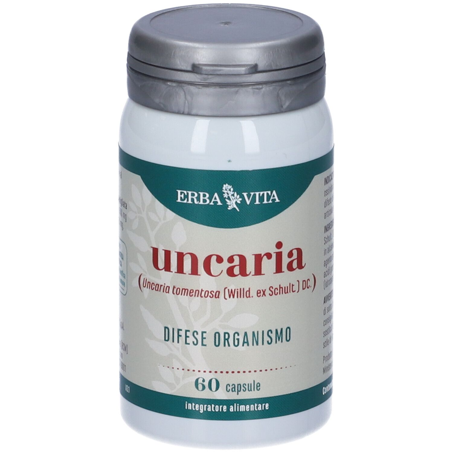 Retro del flacone. Testo: Erba Vita, ingredienti, istruzioni per l'uso. Etichetta verde, scritta bianca.