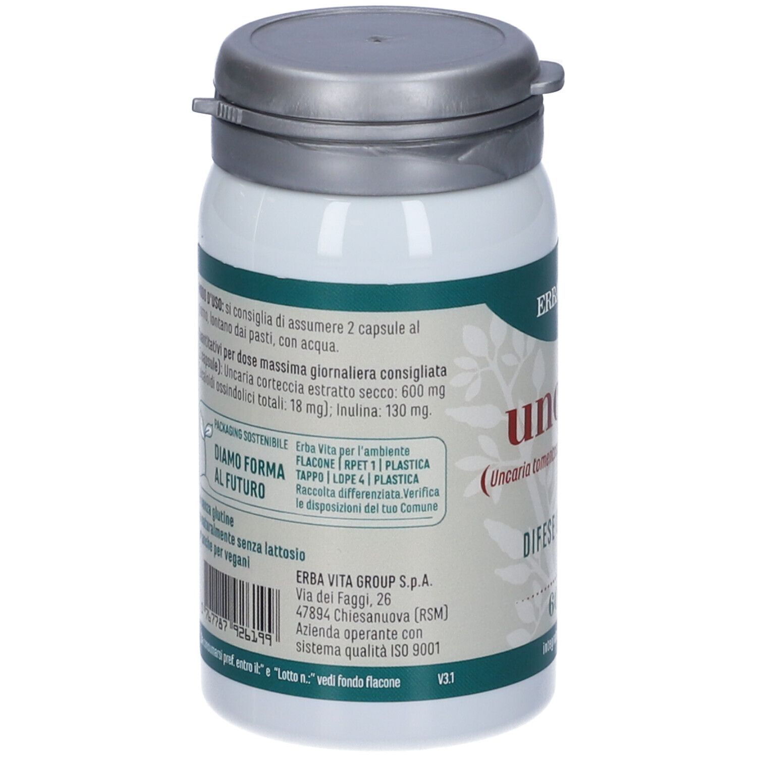 Retro del flacone. Testo: Erba Vita, ingredienti, istruzioni per l'uso. Etichetta verde, scritta bianca.