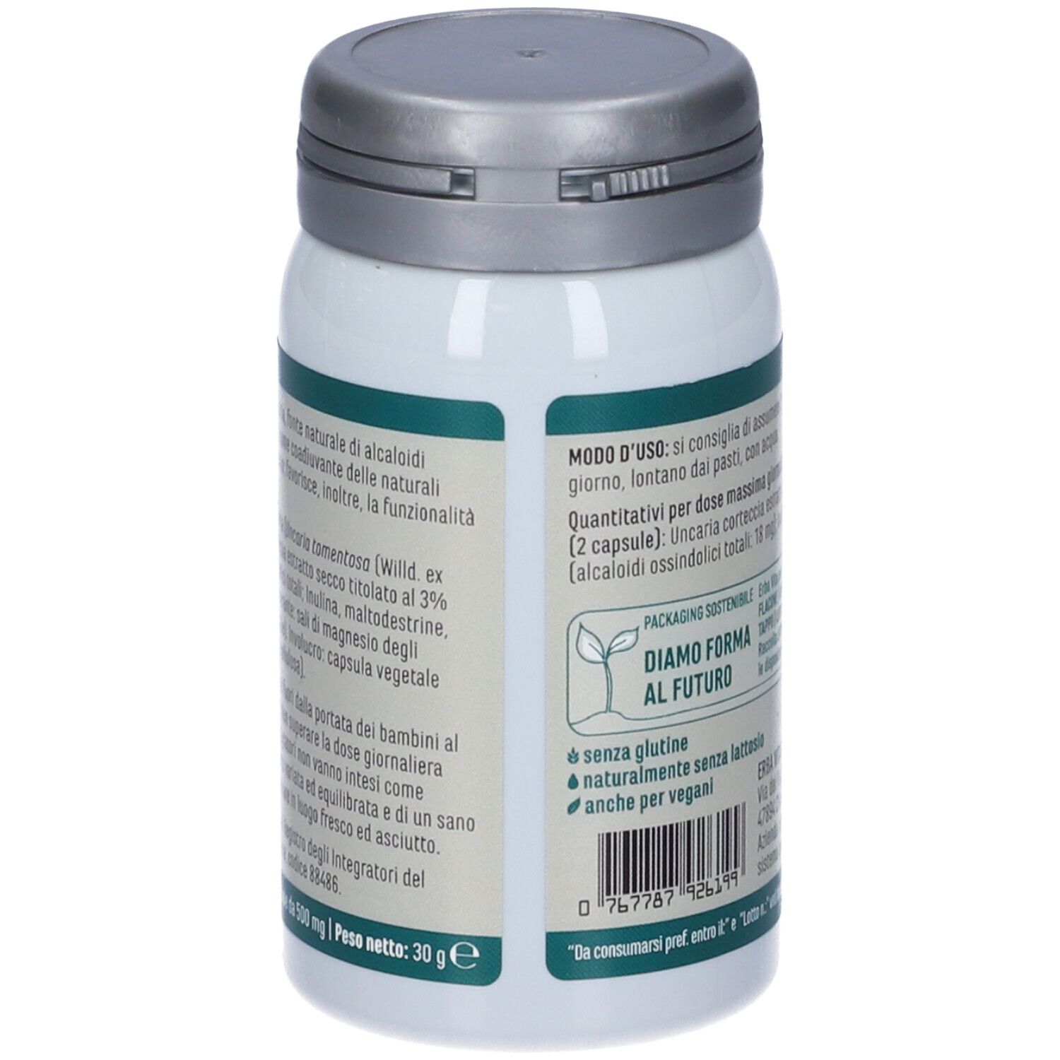 Flacone con etichetta verde. Scritta: Erba Vita, uncaria, 60 capsule. Tappo grigio.