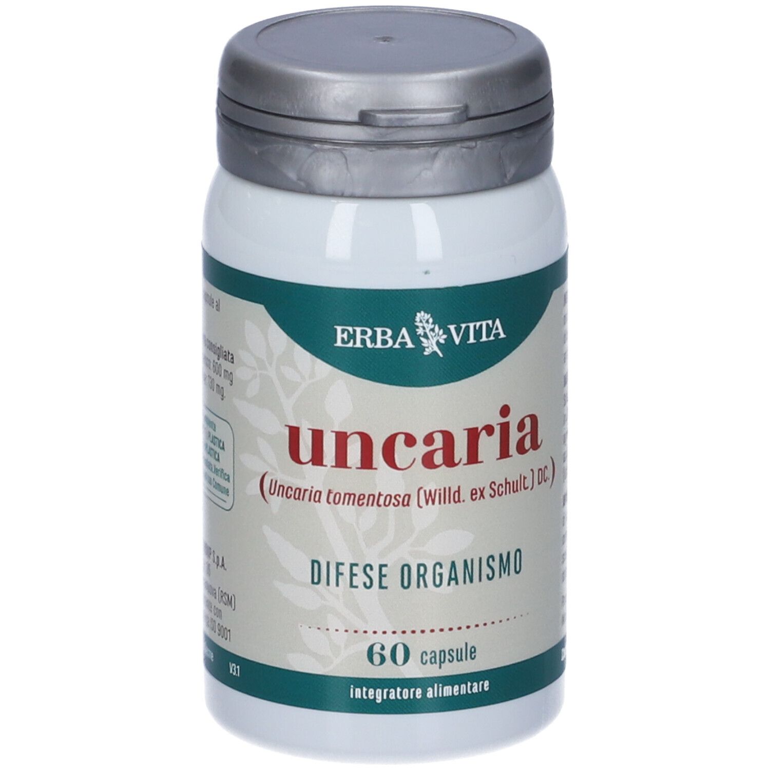 Flacone con etichetta verde. Scritta: Erba Vita, uncaria, 60 capsule. Tappo grigio.