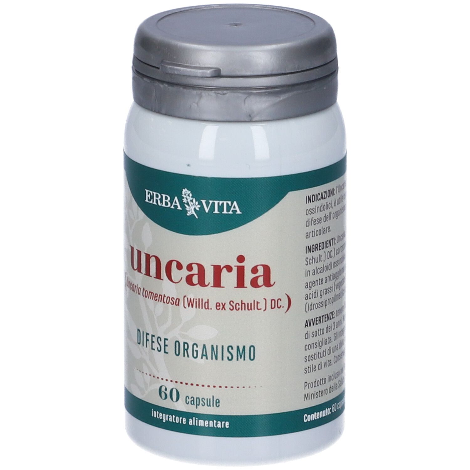 Flacone con etichetta verde. Scritta: Erba Vita, uncaria, 60 capsule. Tappo grigio.
