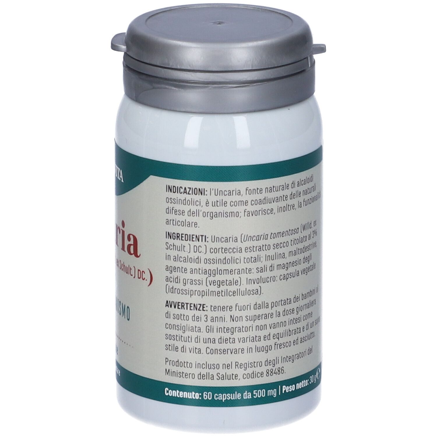 Retro del flacone. Testo: Erba Vita, ingredienti, istruzioni per l'uso. Etichetta verde, scritta bianca.