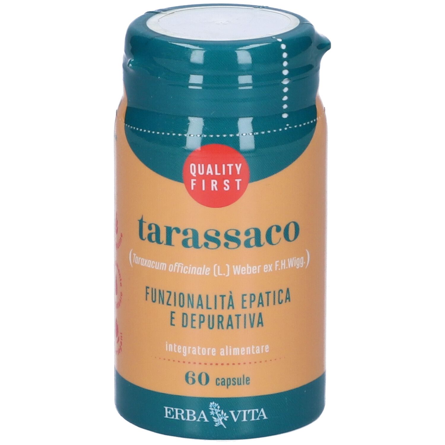 Flacone verde con scritta Tarassaco, 60 capsule. Marchio di qualità. Sfondo arancione. Marchio Erba Vita.
