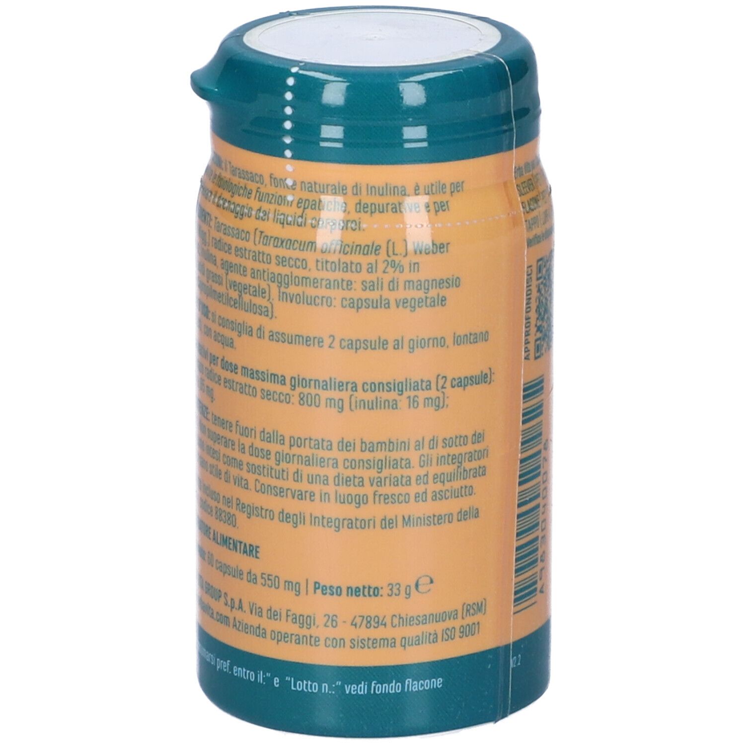 Retro di un flacone verde. Testo: ingredienti, dosaggio, peso. Marchio Erba Vita.