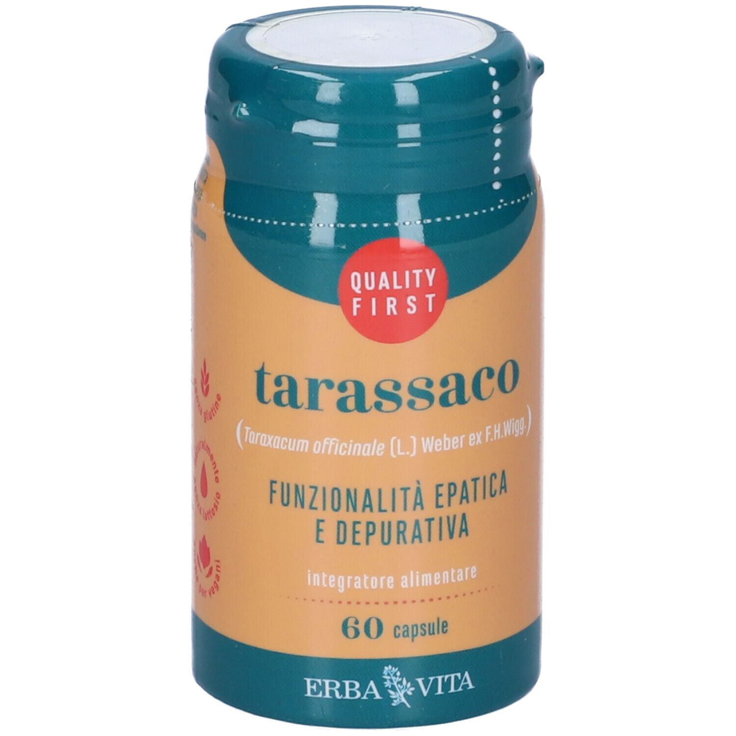 Flacone verde con scritta Tarassaco, 60 capsule. Marchio di qualità. Sfondo arancione. Marchio Erba Vita.
