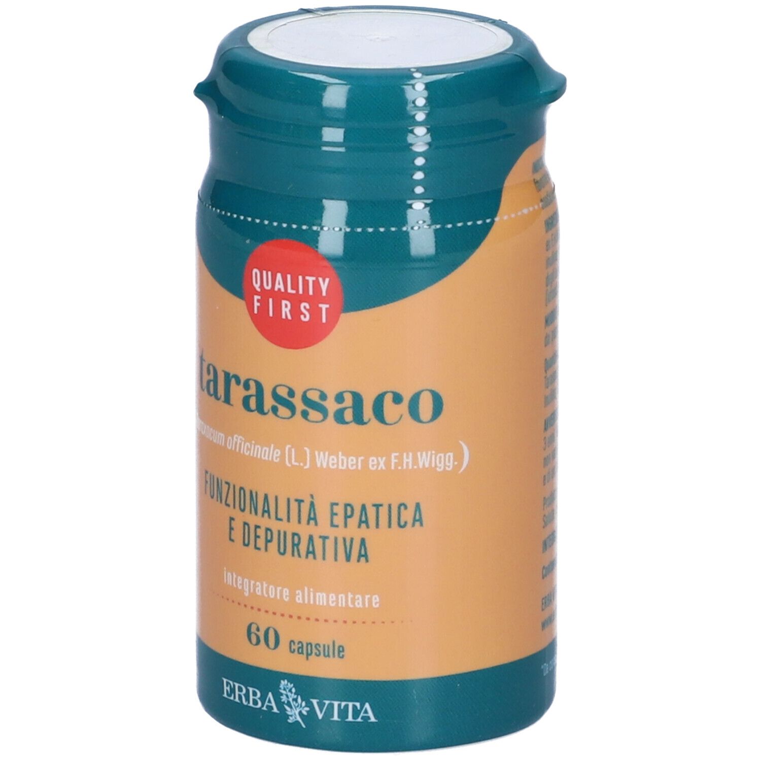 Flacone verde con scritta Tarassaco, 60 capsule. Marchio di qualità. Sfondo arancione. Marchio Erba Vita.