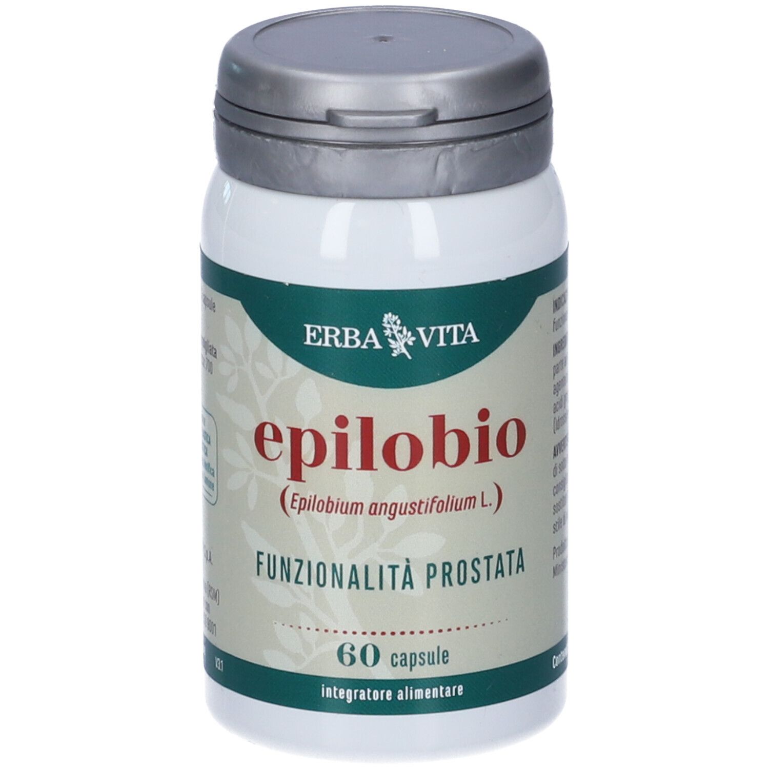 Flacone bianco Erba Vita Epilobio con tappo grigio. Etichetta con nome prodotto e 60 capsule.